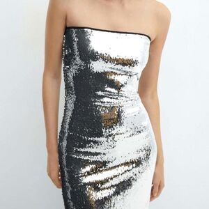 Mango Silver Strapless Sequin Dress